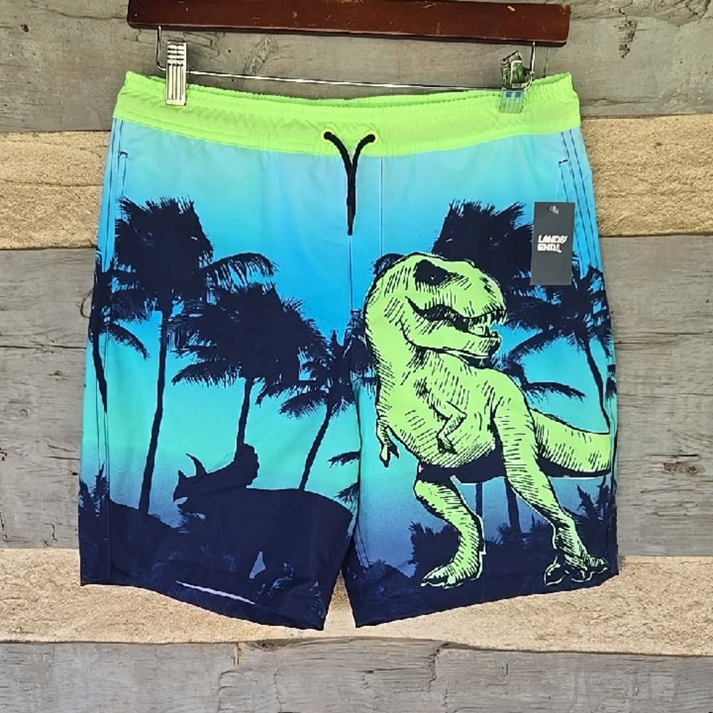 KIDS Lands' End BOYS XL 14/16 Blue and Green Dinosaur Swim Shorts